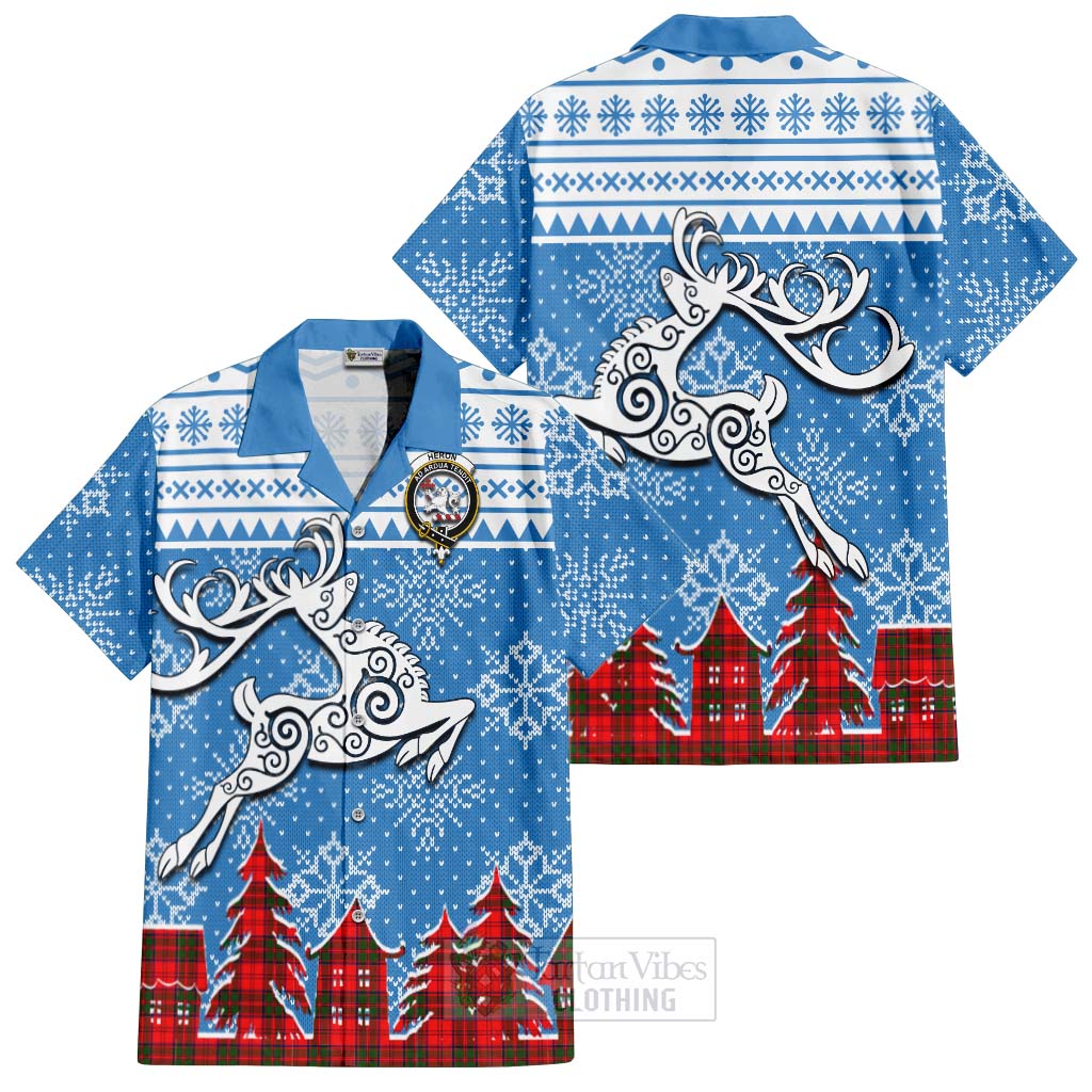 Tartan Vibes Clothing Heron Clan Christmas Short Sleeve Button Shirt Celtic Reindeer Style