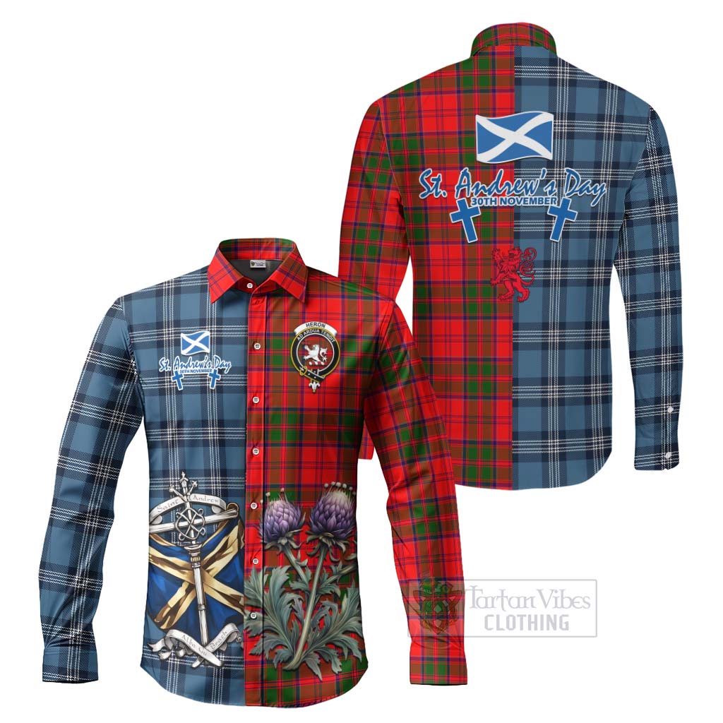 Tartan Vibes Clothing Heron Tartan Long Sleeve Button Shirt Happy St. Andrew's Day Half Tartan Style