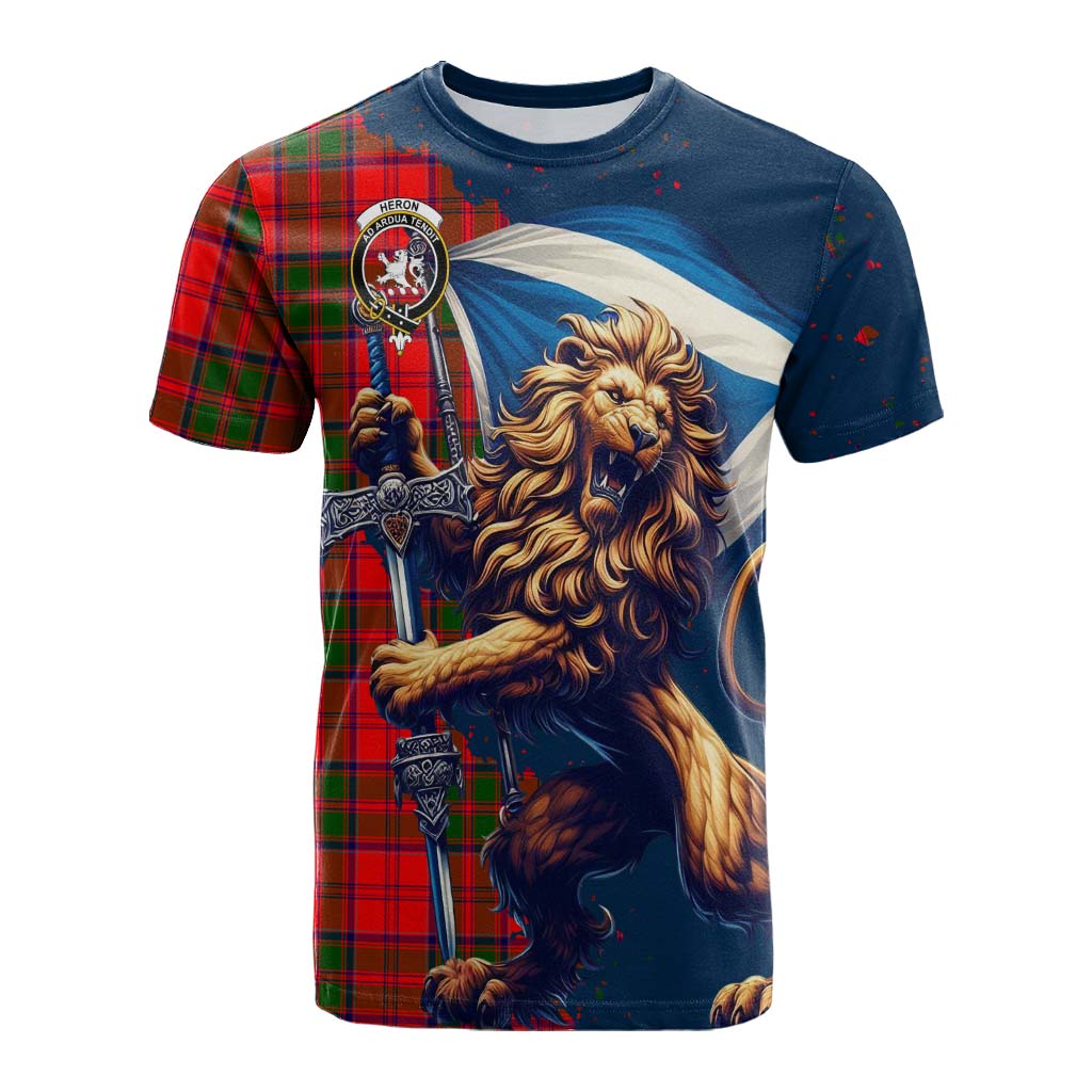 Tartan Vibes Clothing Heron Tartan Family Crest Cotton T-shirt with Scottish Majestic Lion