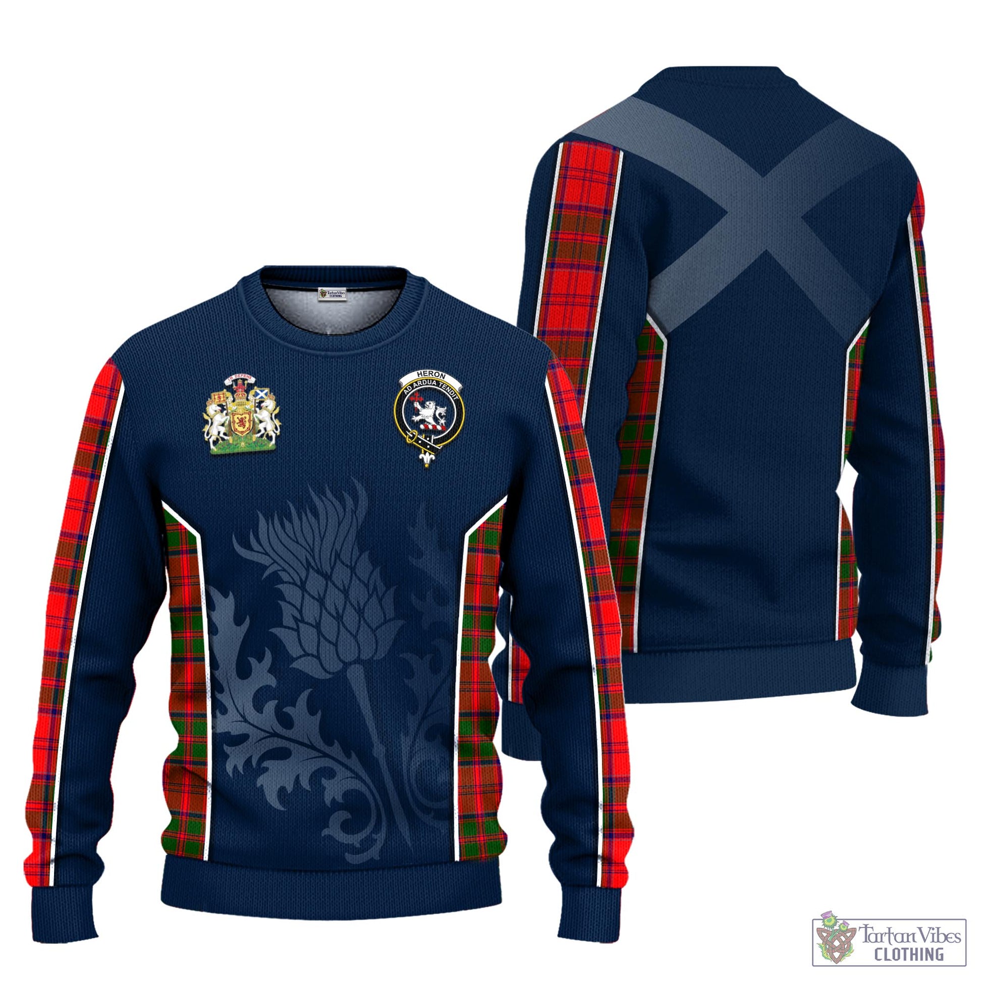 Tartan Vibes Clothing Heron Tartan Knitted Sweatshirt with Family Crest and Scottish Thistle Vibes Sport Style