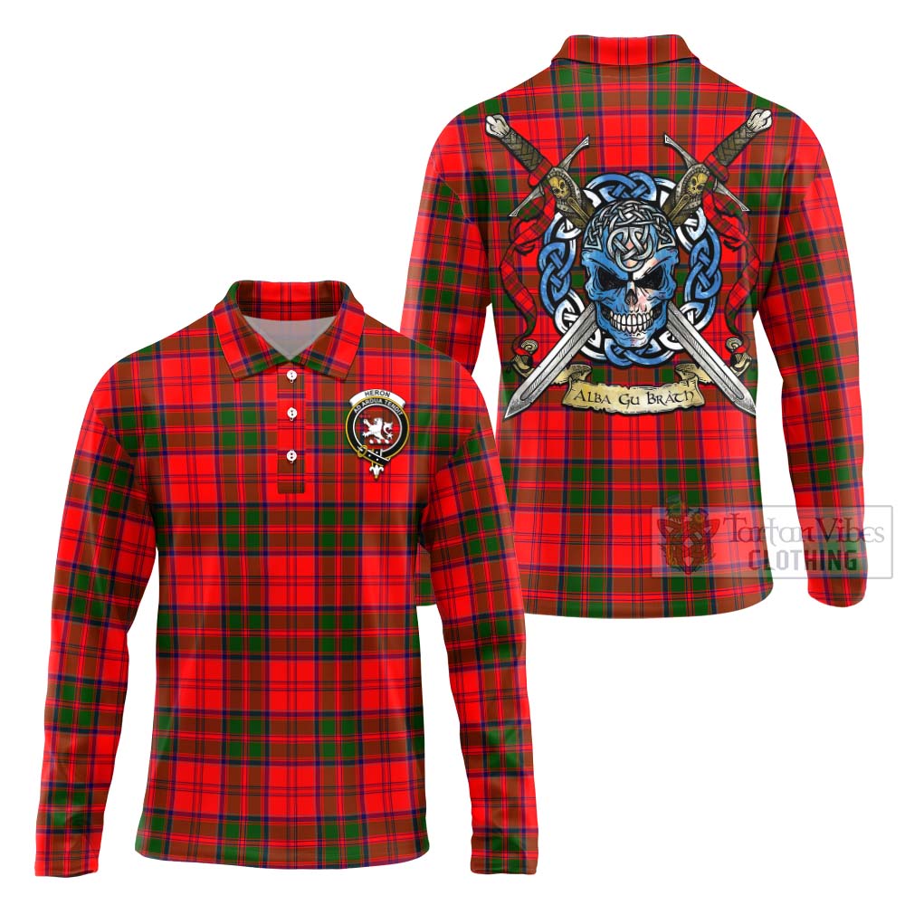 Tartan Vibes Clothing Heron Tartan Long Sleeve Polo Shirt with Family Crest Celtic Skull Style