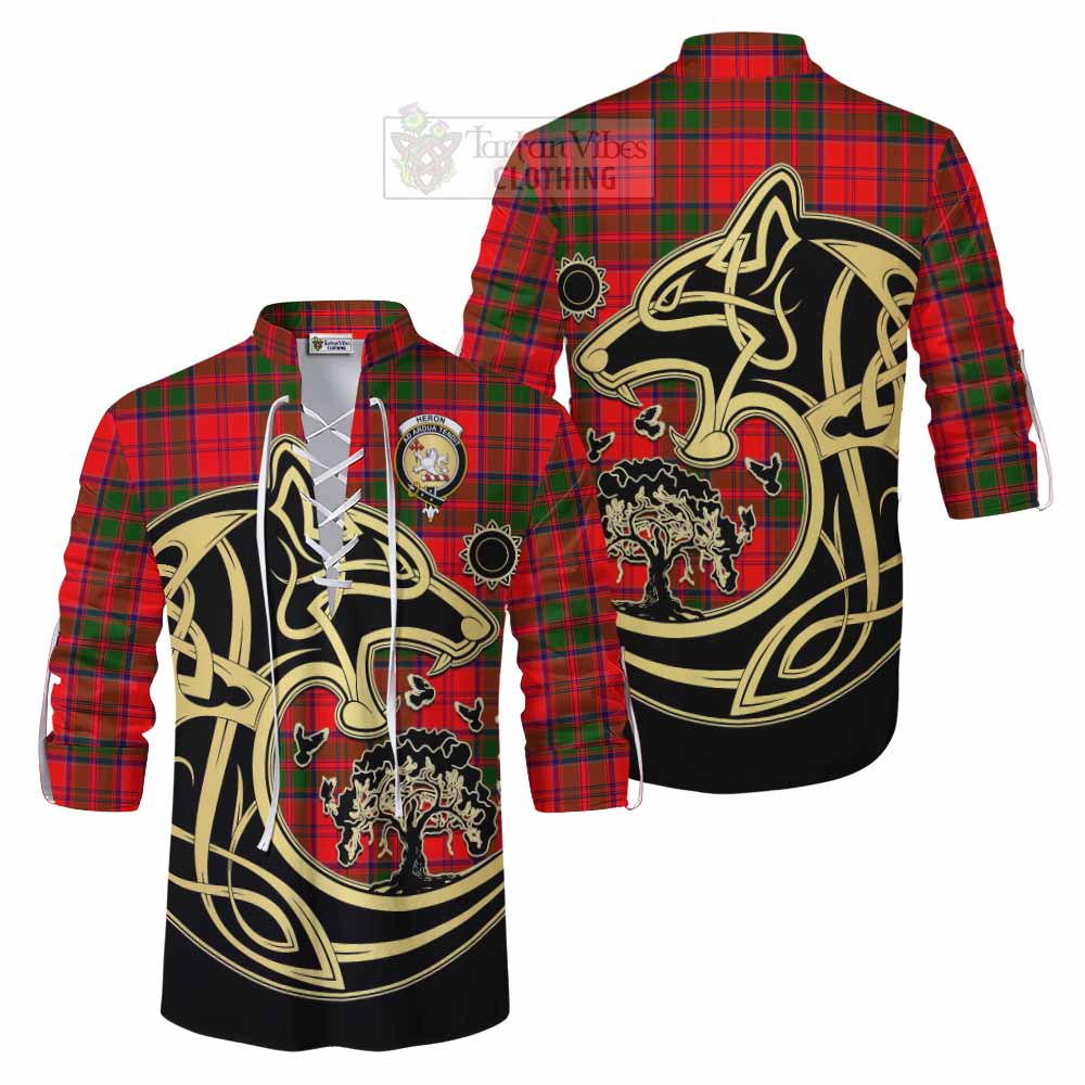 Tartan Vibes Clothing Heron Tartan Ghillie Kilt Shirt with Family Crest Celtic Wolf Style