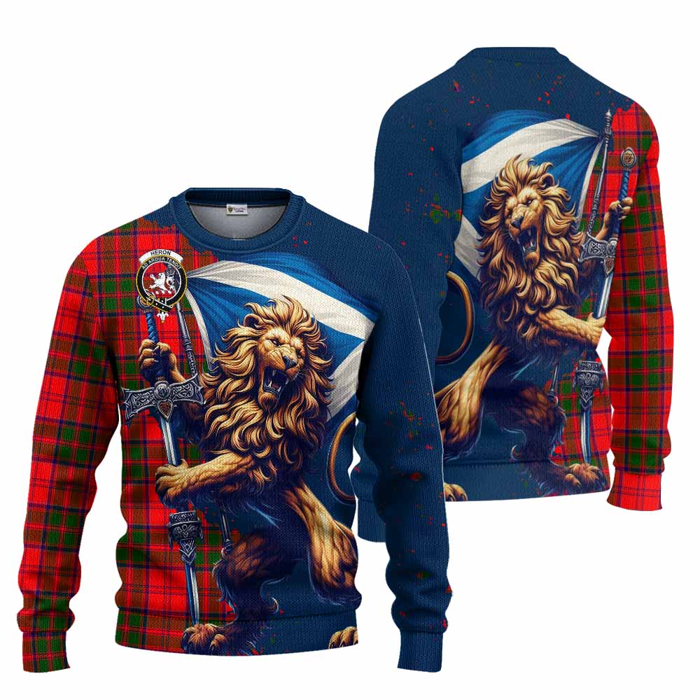 Tartan Vibes Clothing Heron Tartan Family Crest Knitted Sweater with Scottish Majestic Lion