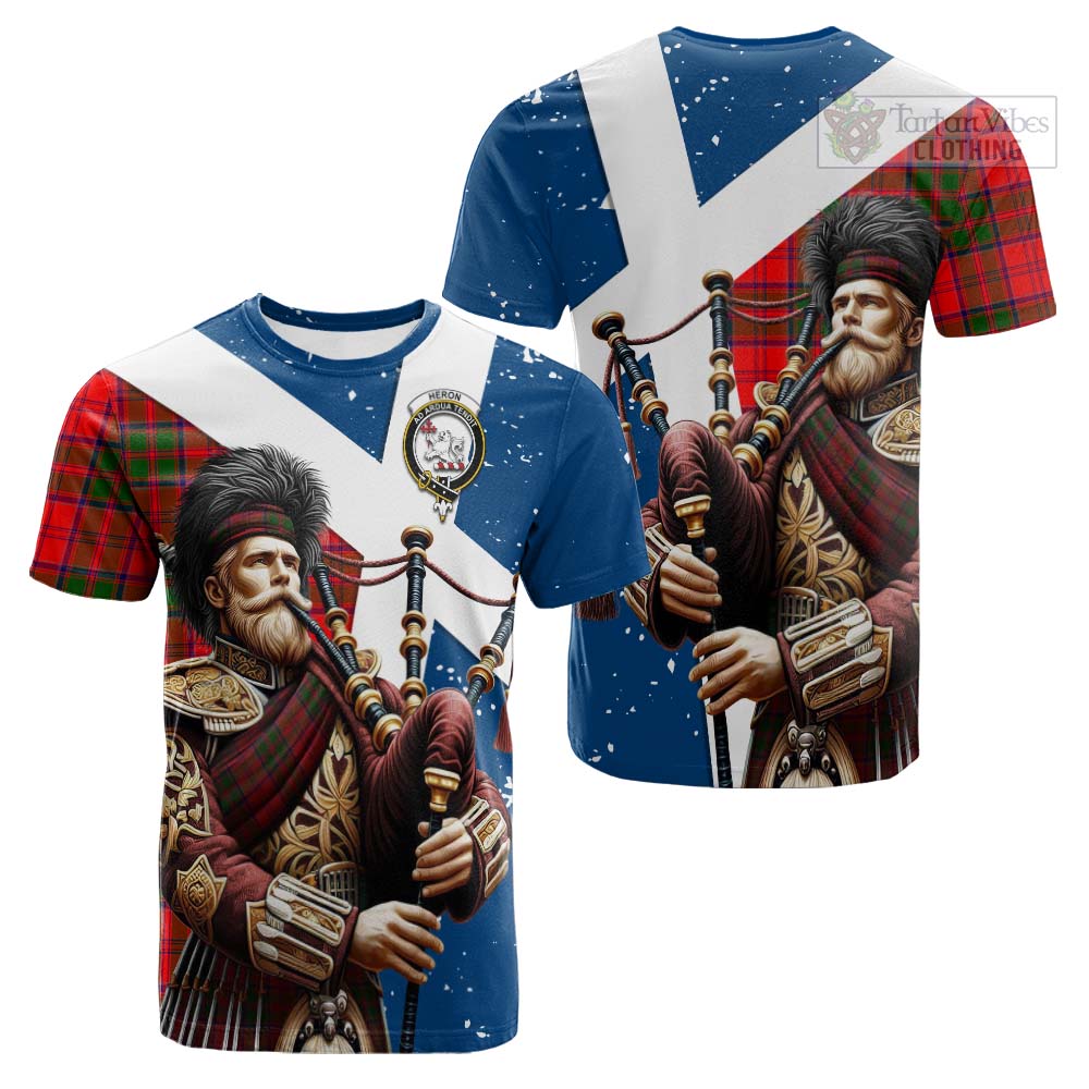 Tartan Vibes Clothing Heron Tartan Cotton T-shirt with Family Crest Scottish Bagpiper Vibes