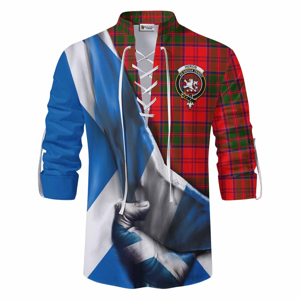 Tartan Vibes Clothing Heron Tartan Ghillie Kilt Shirt with Family Crest Scotland Patriotic Style