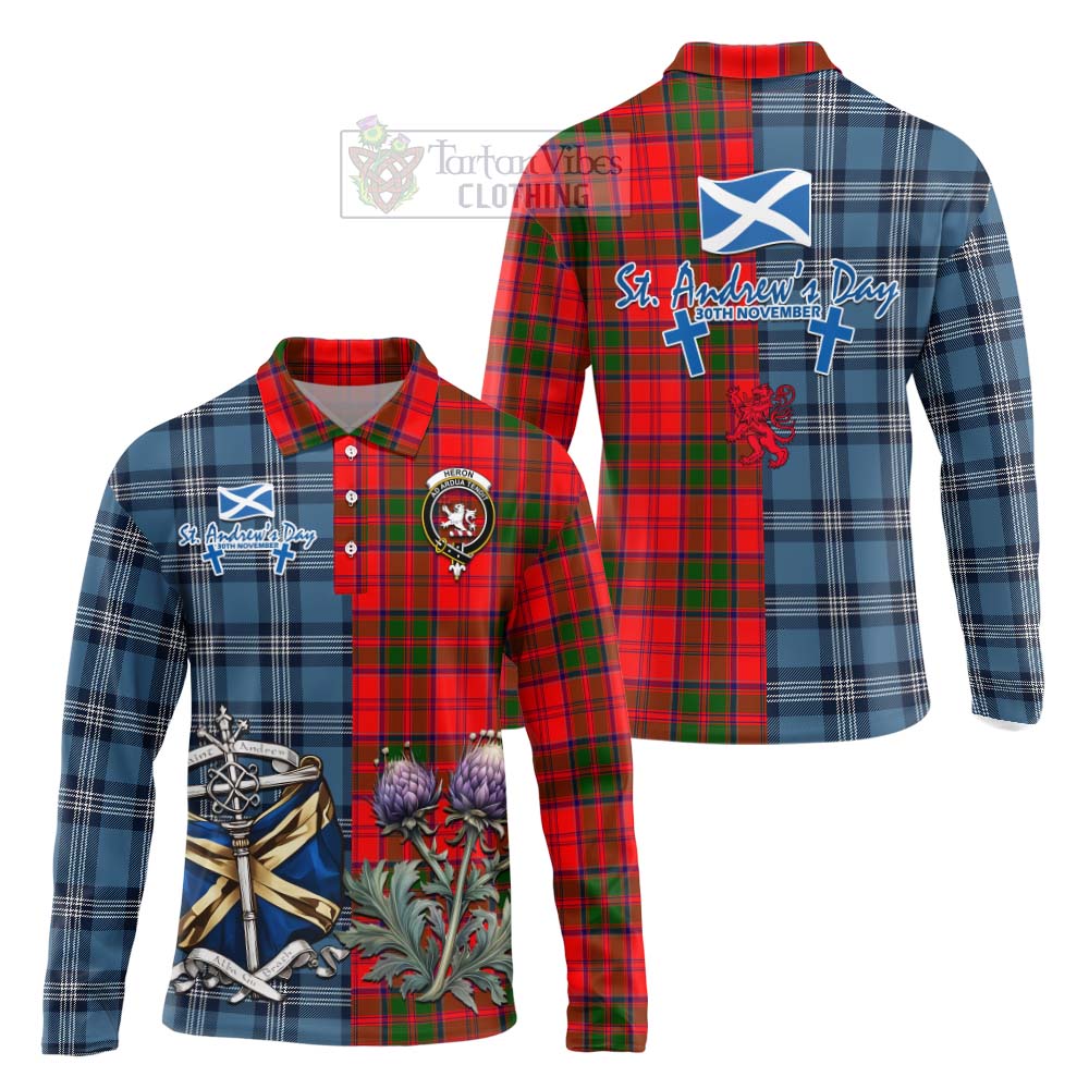 Tartan Vibes Clothing Heron Tartan Long Sleeve Polo Shirt Happy St. Andrew's Day Half Tartan Style