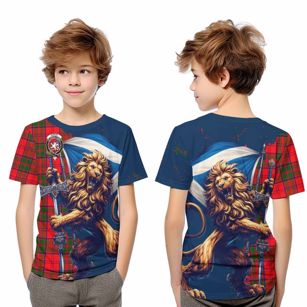 Tartan Vibes Clothing Heron Tartan Family Crest Kid T-Shirt with Scottish Majestic Lion