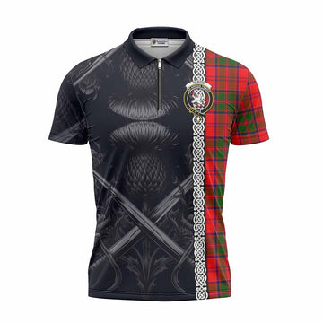 Heron Tartan Zipper Polo Shirt with Family Crest Cross Sword Thistle Celtic Vibes