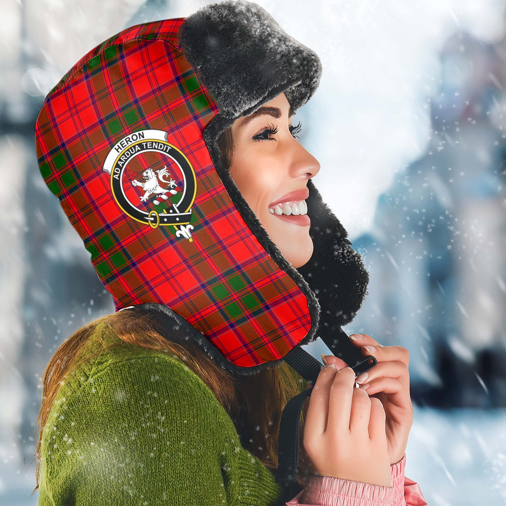 Heron Tartan Winter Trapper Hat with Family Crest Winter Trapper Hat Universal Fit Circumference 22.8in (58cm) - Tartanvibesclothing