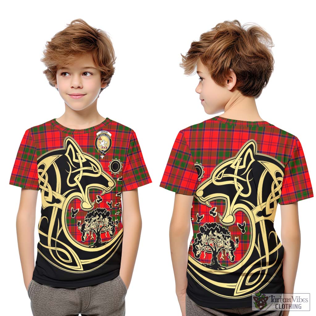 Tartan Vibes Clothing Heron Tartan Kid T-Shirt with Family Crest Celtic Wolf Style