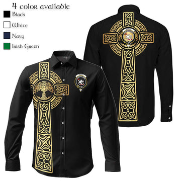 Heron Clan Mens Long Sleeve Button Up Shirt with Golden Celtic Tree Of Life