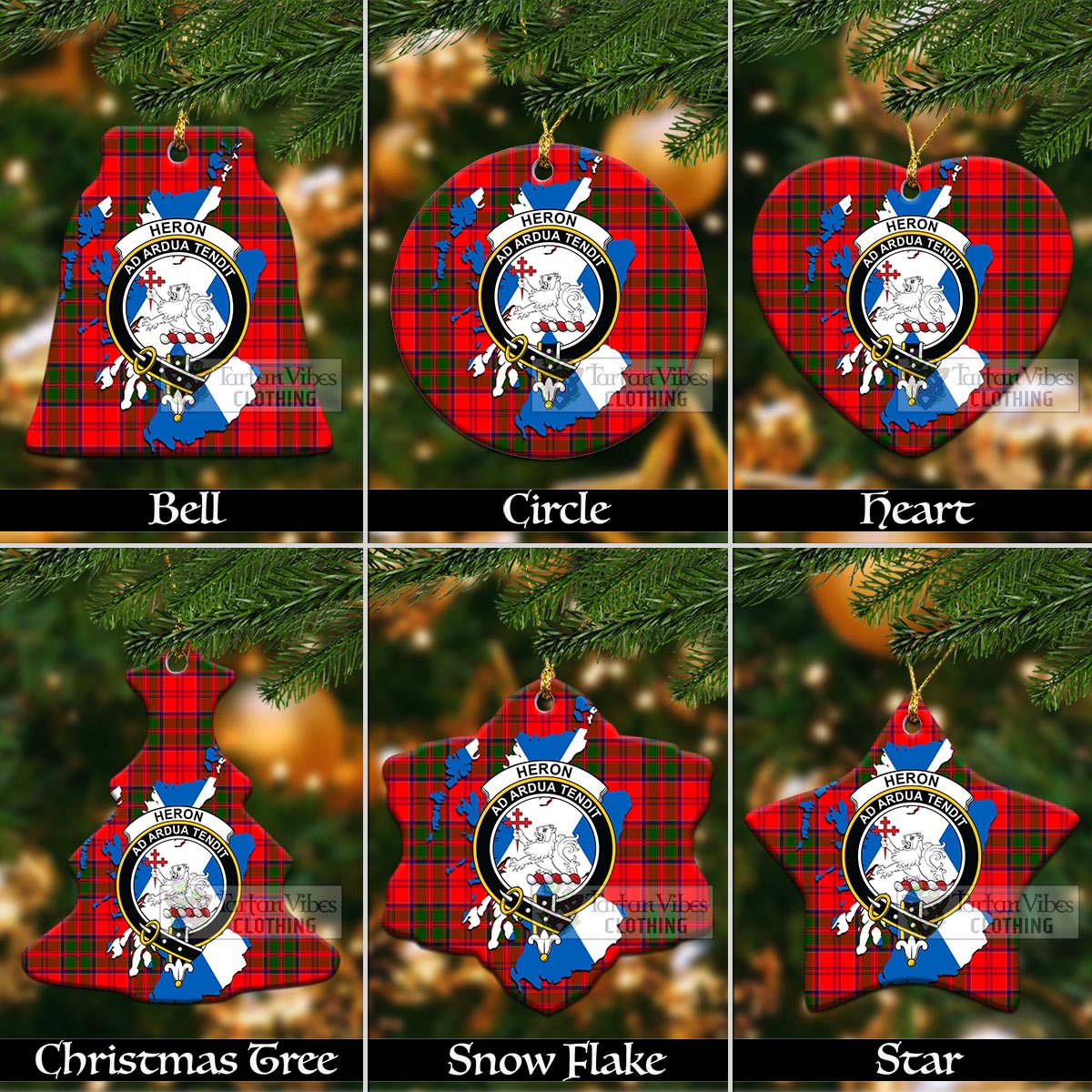 Tartan Vibes Clothing Heron Tartan Christmas Ornament with Family Crest and Scotland Map