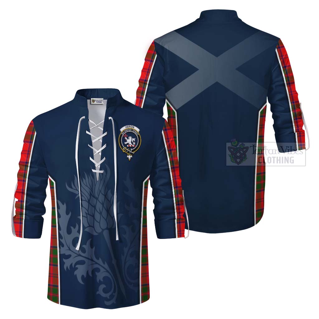 Tartan Vibes Clothing Heron Tartan Ghillie Kilt Shirt with Family Crest and Scottish Thistle Vibes Sport Style