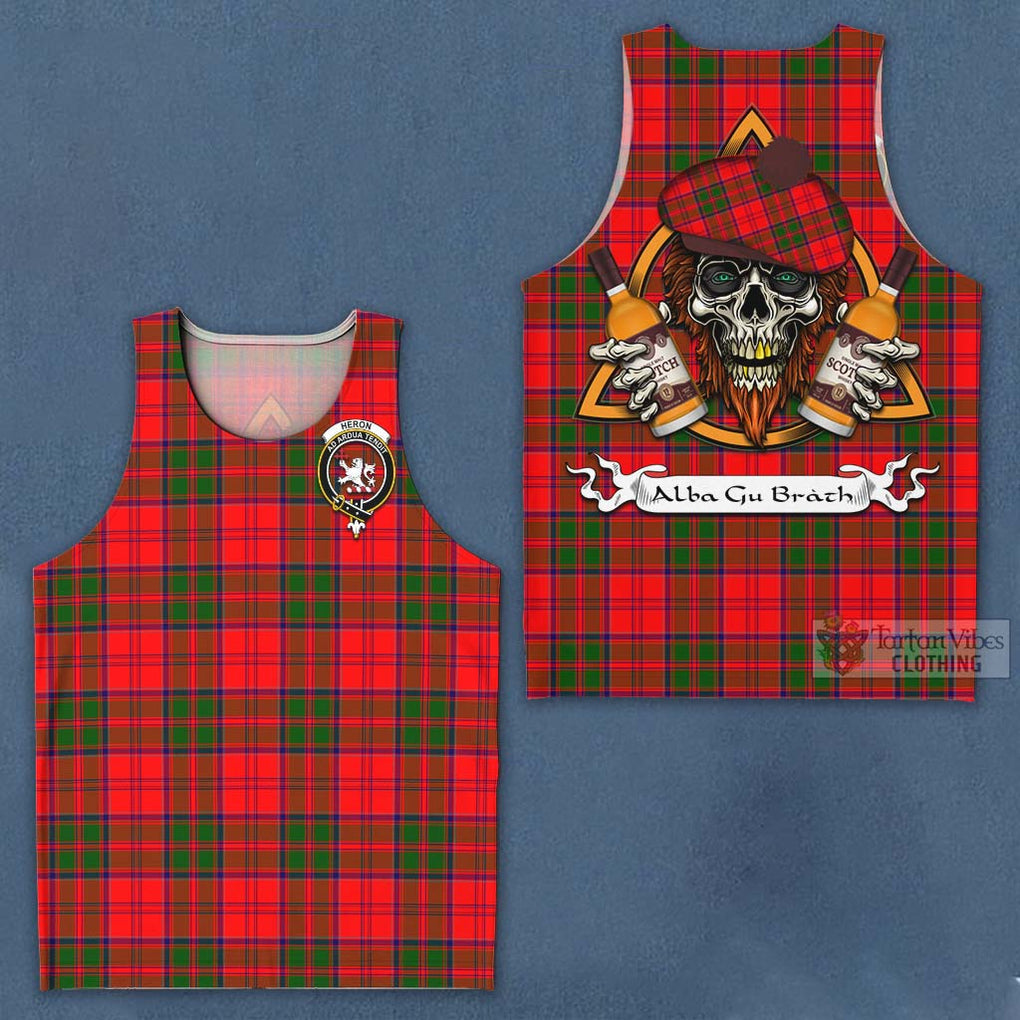 Tartan Vibes Clothing Heron Tartan Men's Tank Top with Family Crest and Bearded Skull Holding Bottles of Whiskey