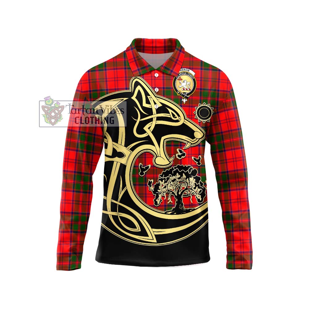 Tartan Vibes Clothing Heron Tartan Long Sleeve Polo Shirt with Family Crest Celtic Wolf Style