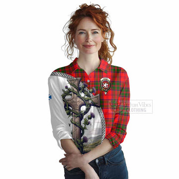 Heron Tartan Women's Casual Shirt with Family Crest and St. Andrew's Cross Accented by Thistle Vines