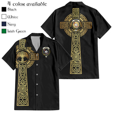 Heron Clan Mens Short Sleeve Button Up Shirt with Golden Celtic Tree Of Life