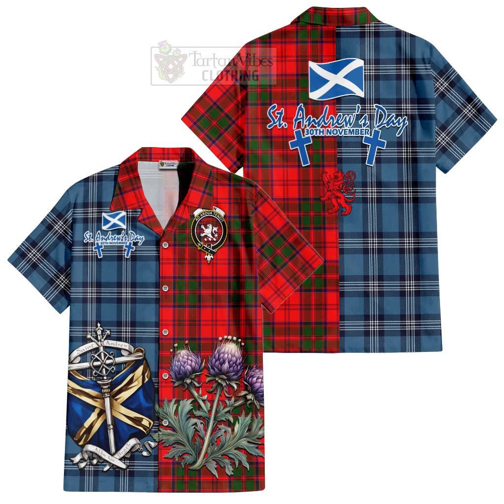 Tartan Vibes Clothing Heron Tartan Short Sleeve Button Shirt Happy St. Andrew's Day Half Tartan Style