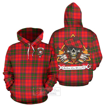 Heron Tartan Hoodie with Family Crest and Bearded Skull Holding Bottles of Whiskey