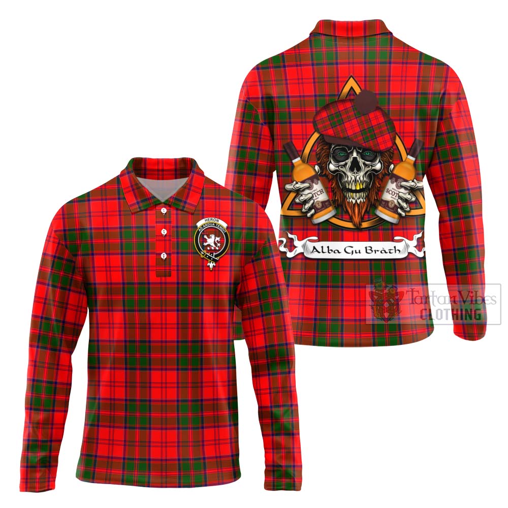 Tartan Vibes Clothing Heron Tartan Long Sleeve Polo Shirt with Family Crest and Bearded Skull Holding Bottles of Whiskey