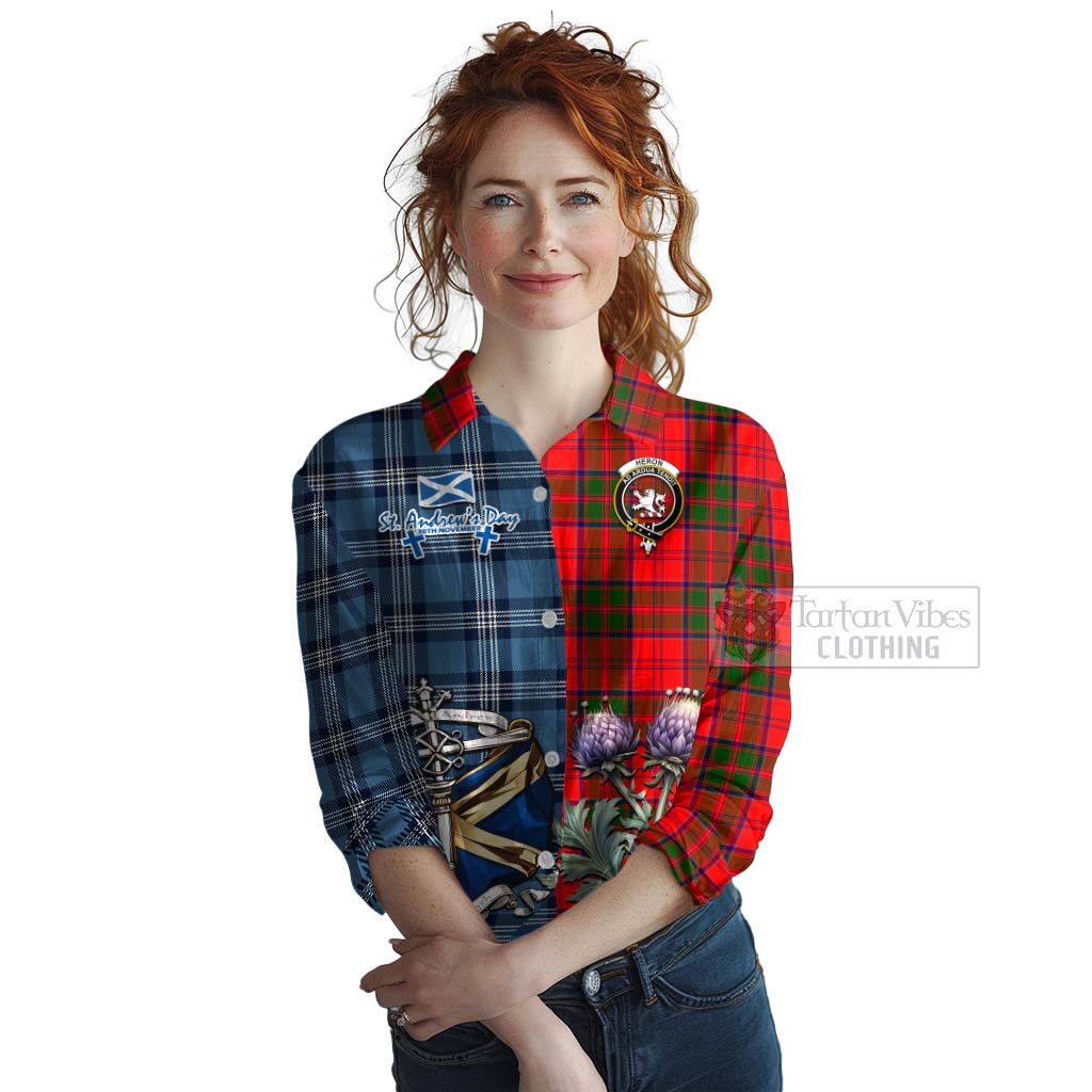 Tartan Vibes Clothing Heron Tartan Women's Casual Shirt Happy St. Andrew's Day Half Tartan Style