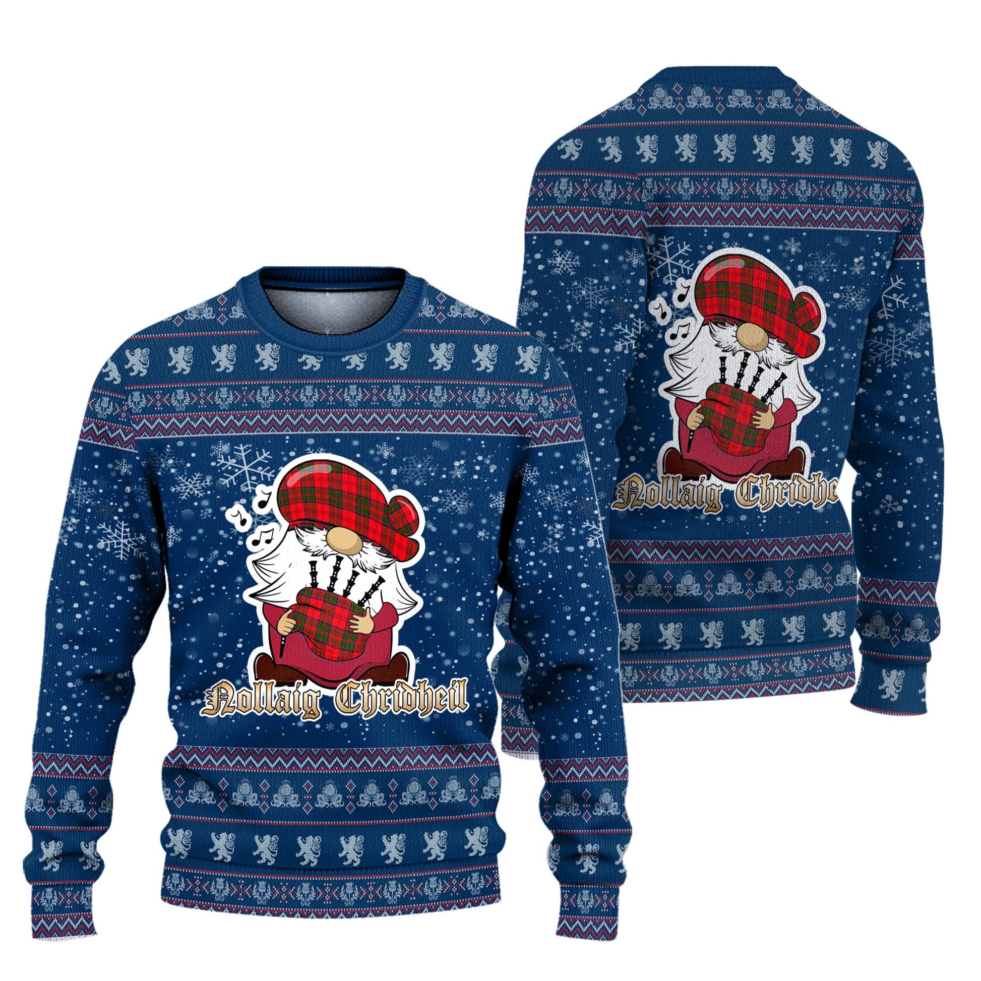 Heron Clan Christmas Family Knitted Sweater with Funny Gnome Playing Bagpipes Unisex Blue - Tartanvibesclothing