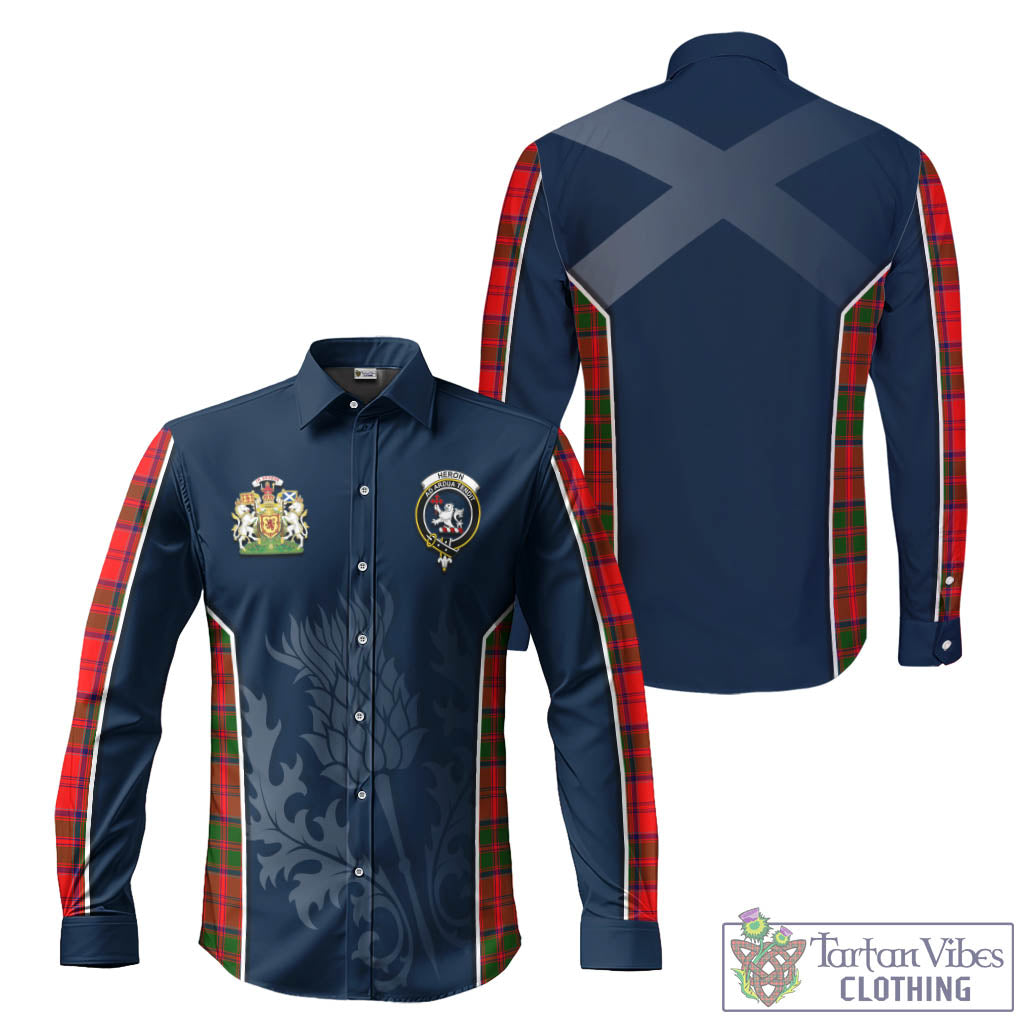 Tartan Vibes Clothing Heron Tartan Long Sleeve Button Up Shirt with Family Crest and Scottish Thistle Vibes Sport Style