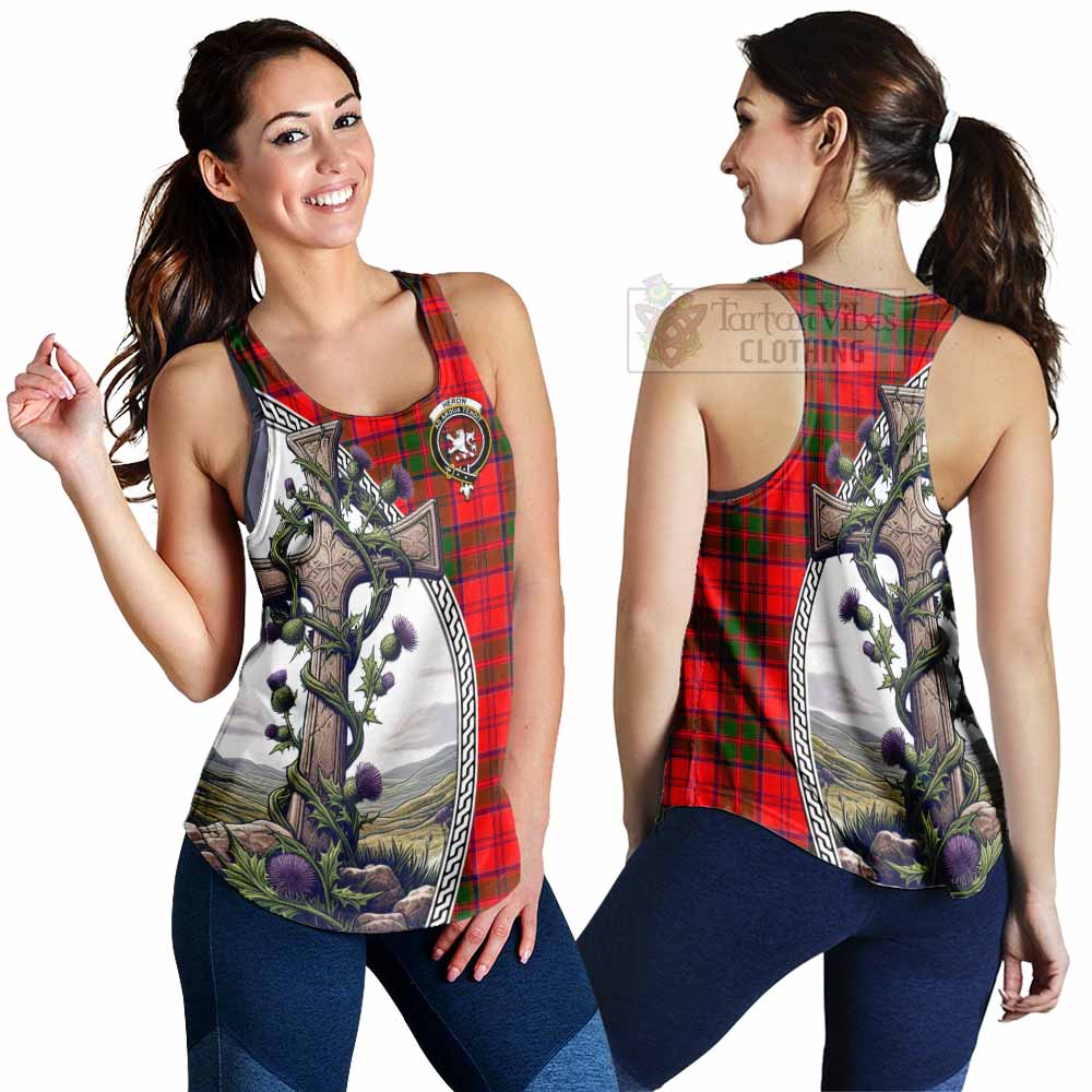 Tartan Vibes Clothing Heron Tartan Women's Racerback Tanks with Family Crest and St. Andrew's Cross Accented by Thistle Vines