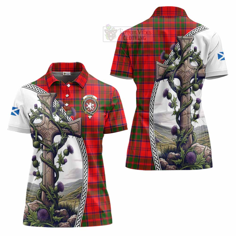 Tartan Vibes Clothing Heron Tartan Women's Polo Shirt with Family Crest and St. Andrew's Cross Accented by Thistle Vines