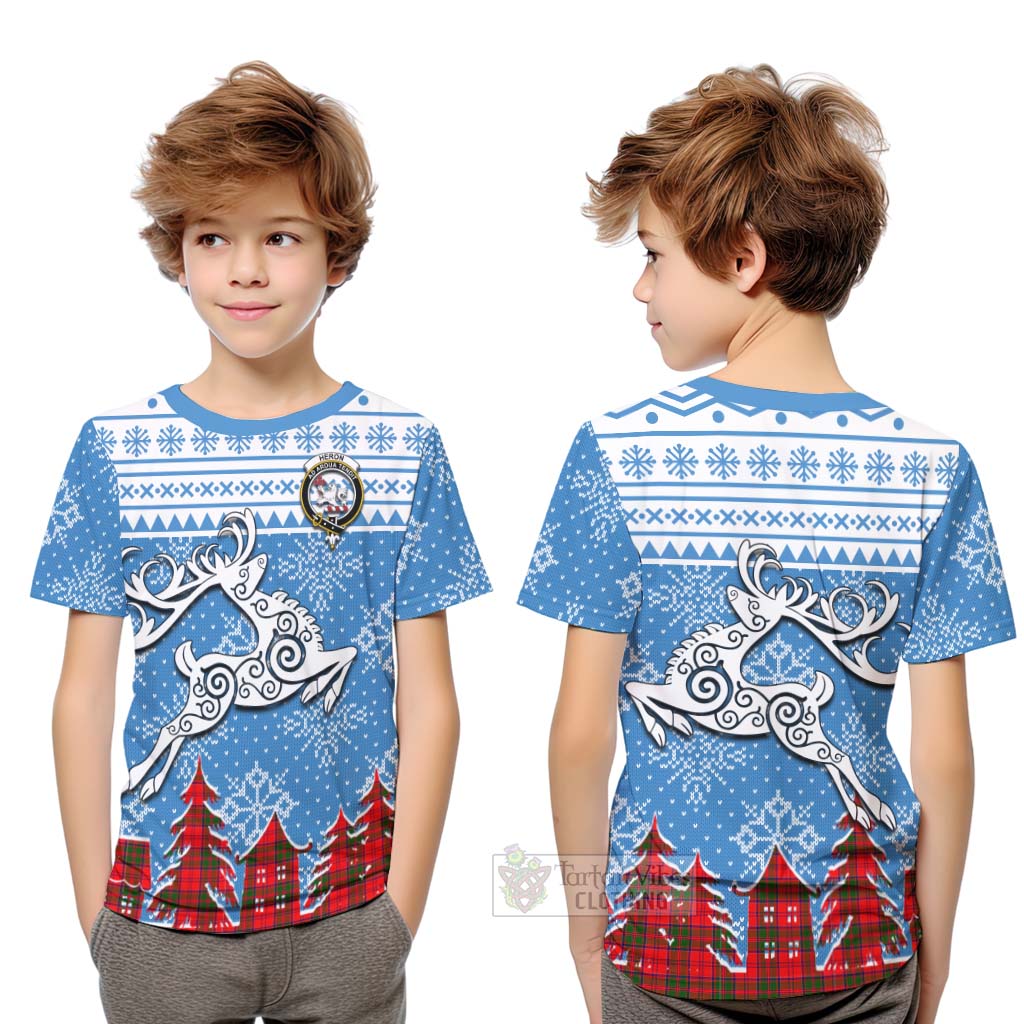 Tartan Vibes Clothing Heron Clan Christmas Kid T-Shirt Celtic Reindeer Style