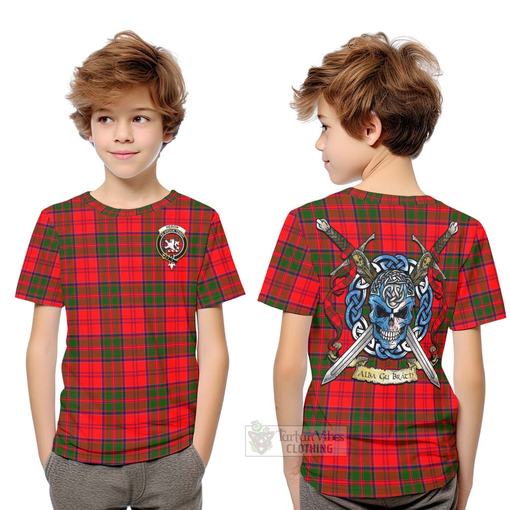 Tartan Vibes Clothing Heron Tartan Kid T-Shirt with Family Crest Celtic Skull Style