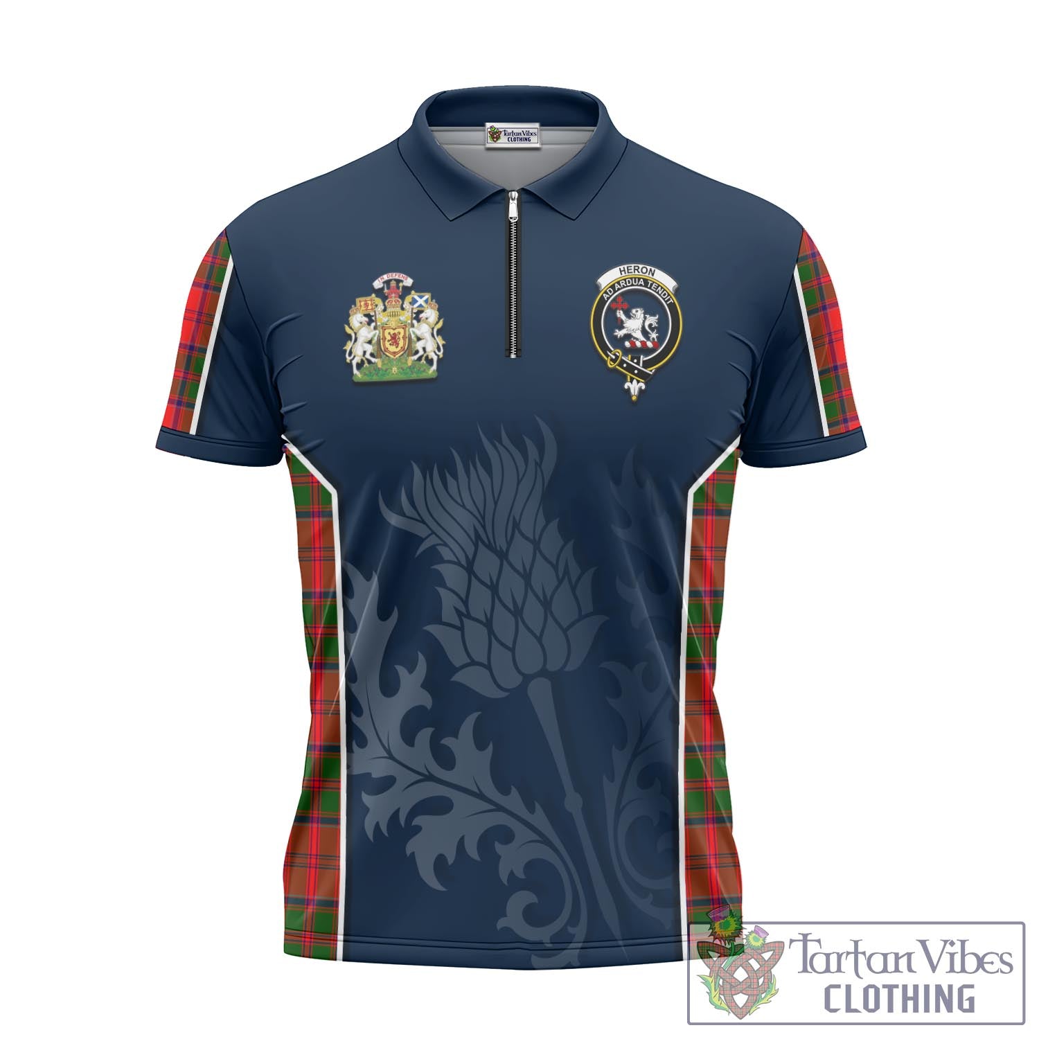 Tartan Vibes Clothing Heron Tartan Zipper Polo Shirt with Family Crest and Scottish Thistle Vibes Sport Style