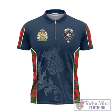 Heron Tartan Zipper Polo Shirt with Family Crest and Scottish Thistle Vibes Sport Style