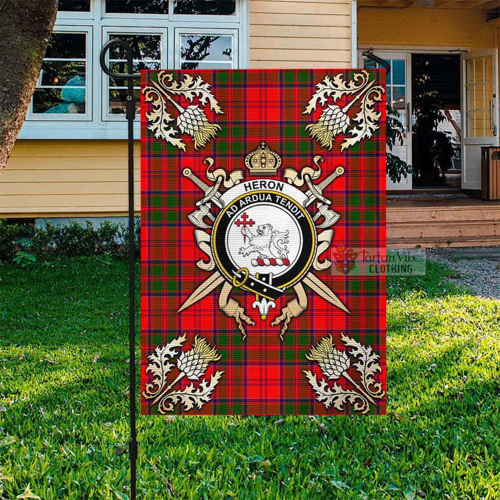 Tartan Vibes Clothing Heron Tartan Flag with Family Crest and Golden Thistle Crossed Sword Design