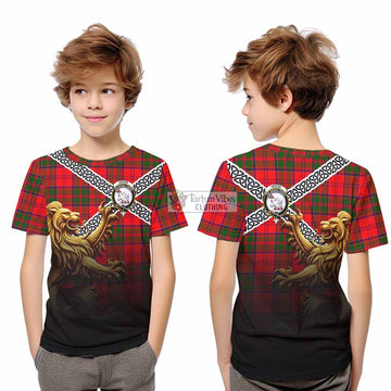 Heron Crest Tartan Kid T-Shirt with Golden Lion Emblem Celtic Style - Tartan Vibes Clothing