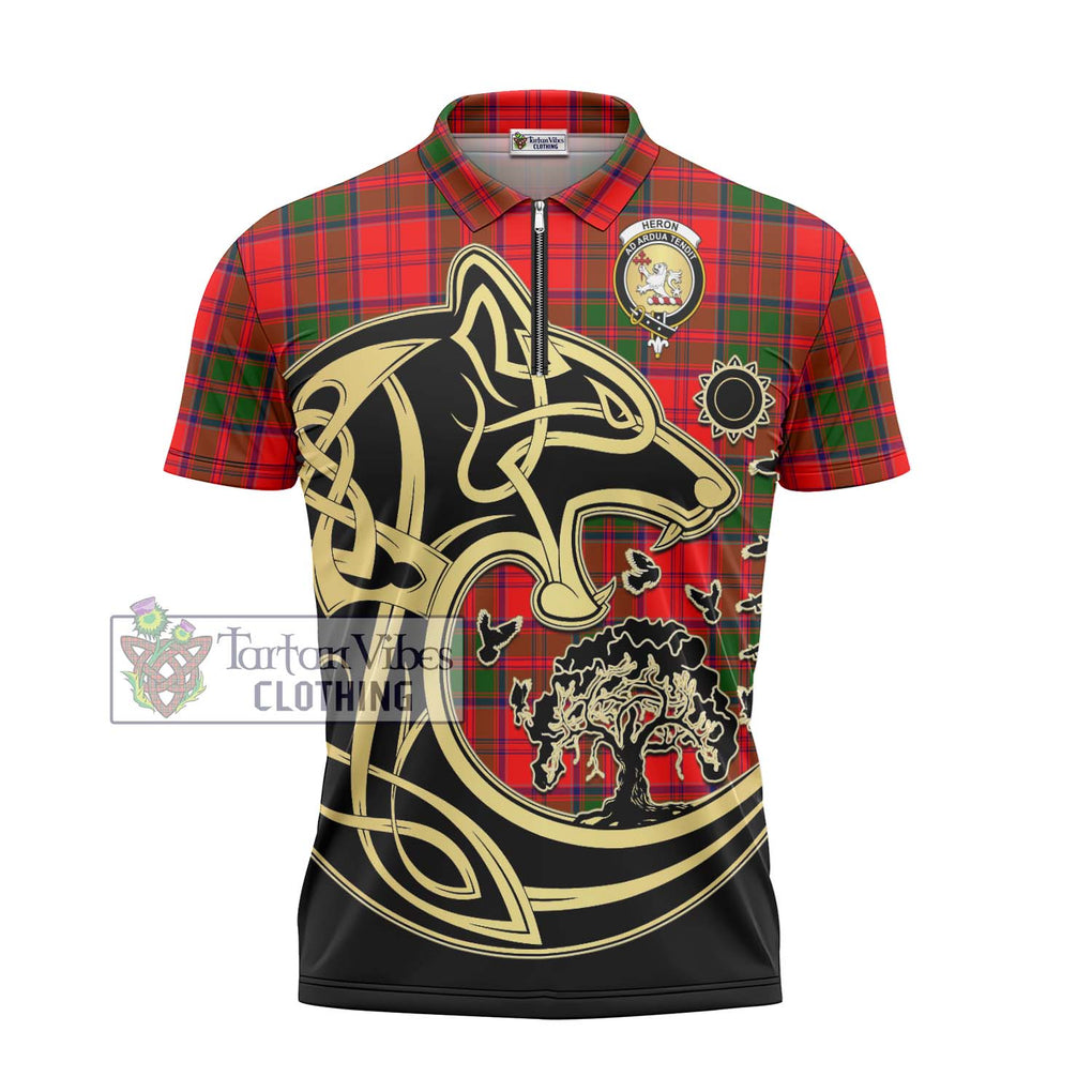 Heron Tartan Zipper Polo Shirt with Family Crest Celtic Wolf Style - Tartanvibesclothing Shop