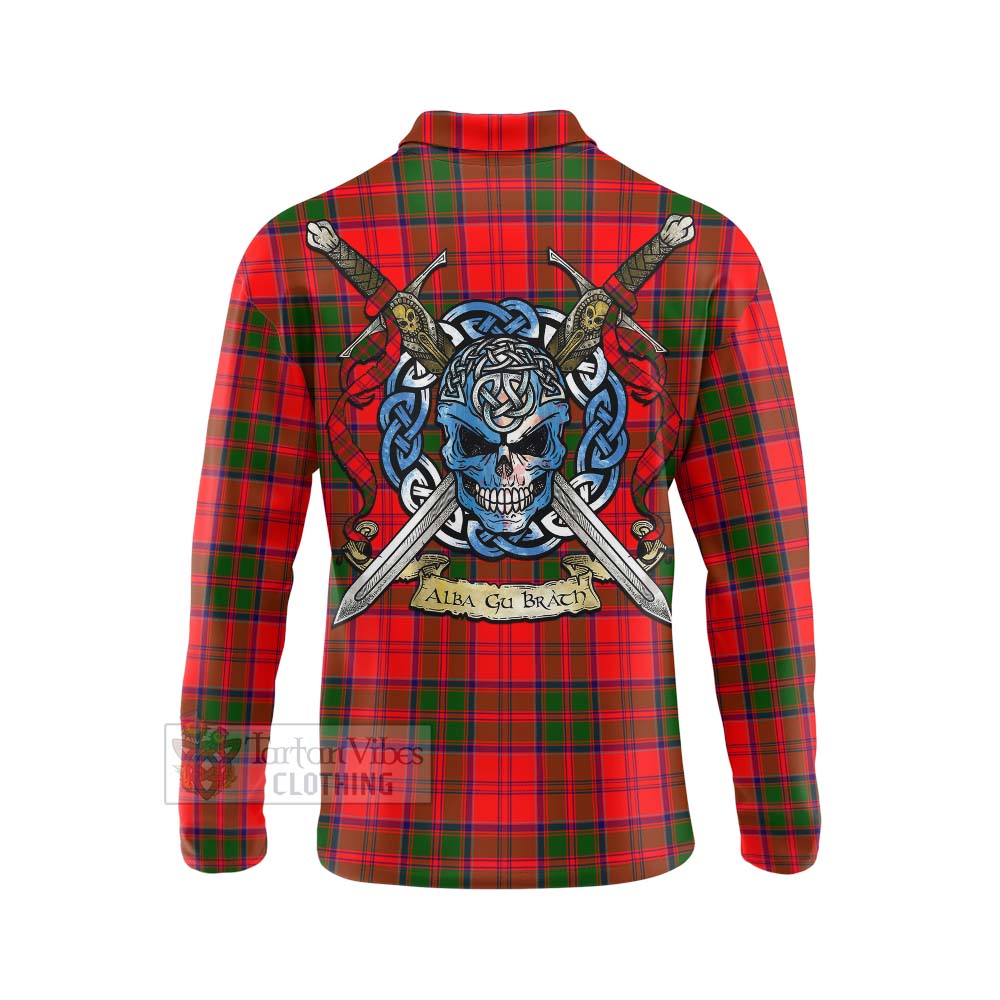 Tartan Vibes Clothing Heron Tartan Long Sleeve Polo Shirt with Family Crest Celtic Skull Style