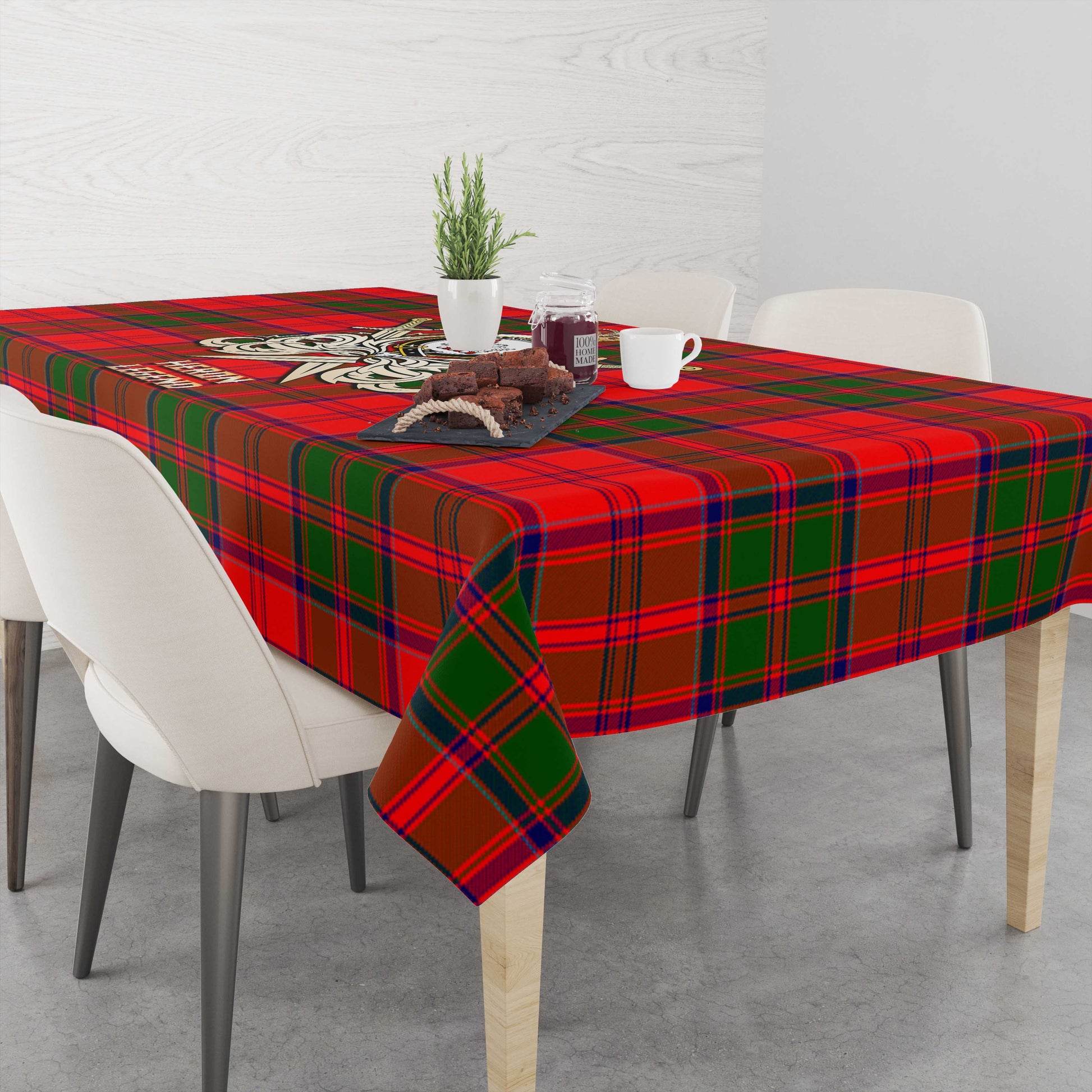 Tartan Vibes Clothing Heron Tartan Tablecloth with Clan Crest and the Golden Sword of Courageous Legacy