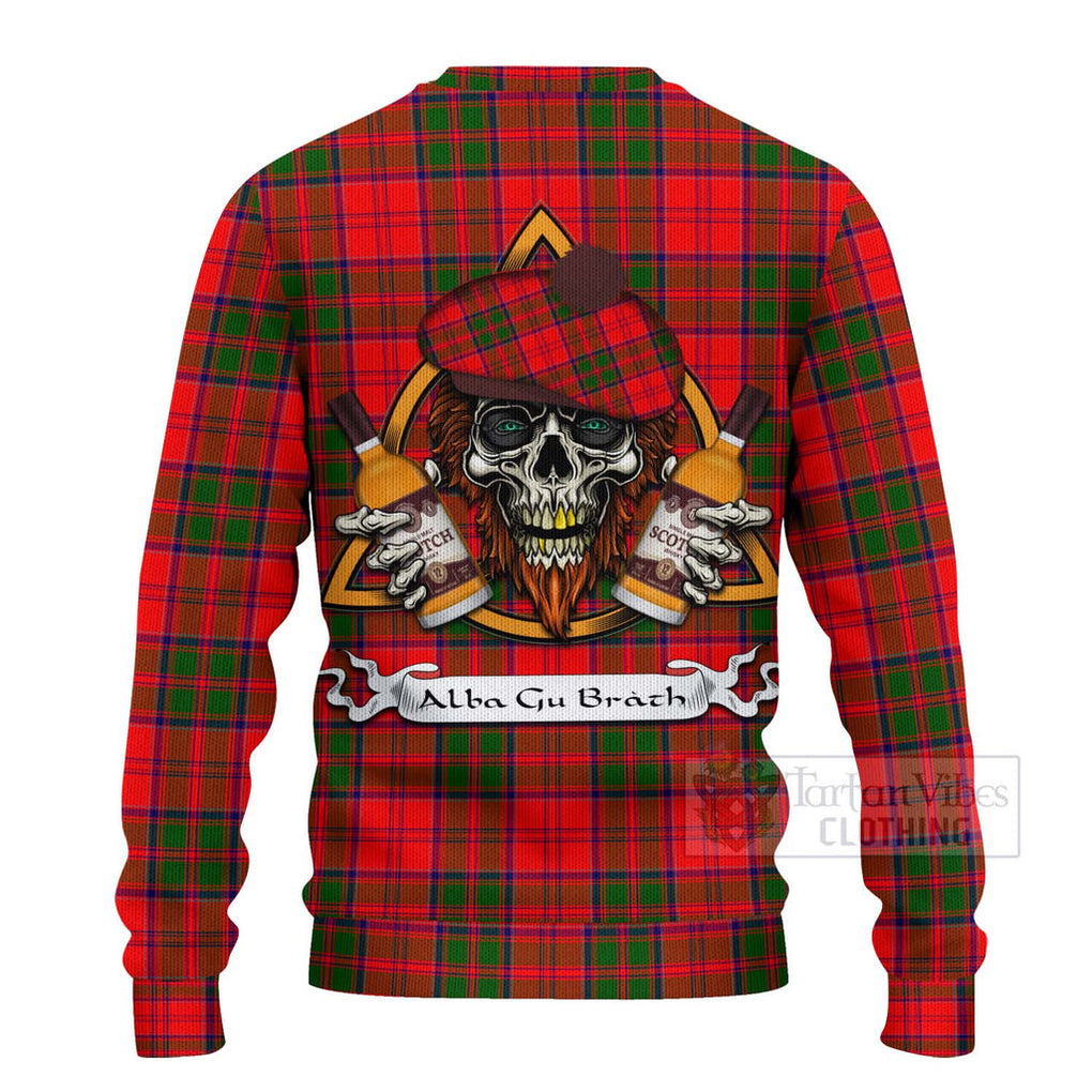 Tartan Vibes Clothing Heron Tartan Knitted Sweater with Family Crest and Bearded Skull Holding Bottles of Whiskey