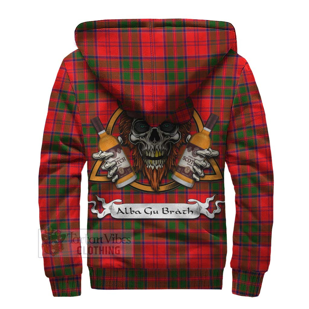 Tartan Vibes Clothing Heron Tartan Sherpa Hoodie with Family Crest and Bearded Skull Holding Bottles of Whiskey