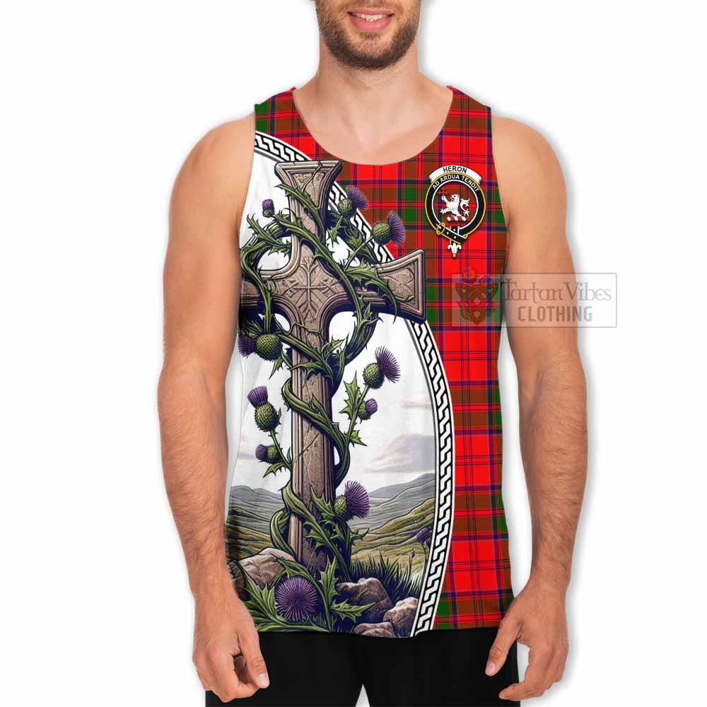 Tartan Vibes Clothing Heron Tartan Men's Tank Top with Family Crest and St. Andrew's Cross Accented by Thistle Vines