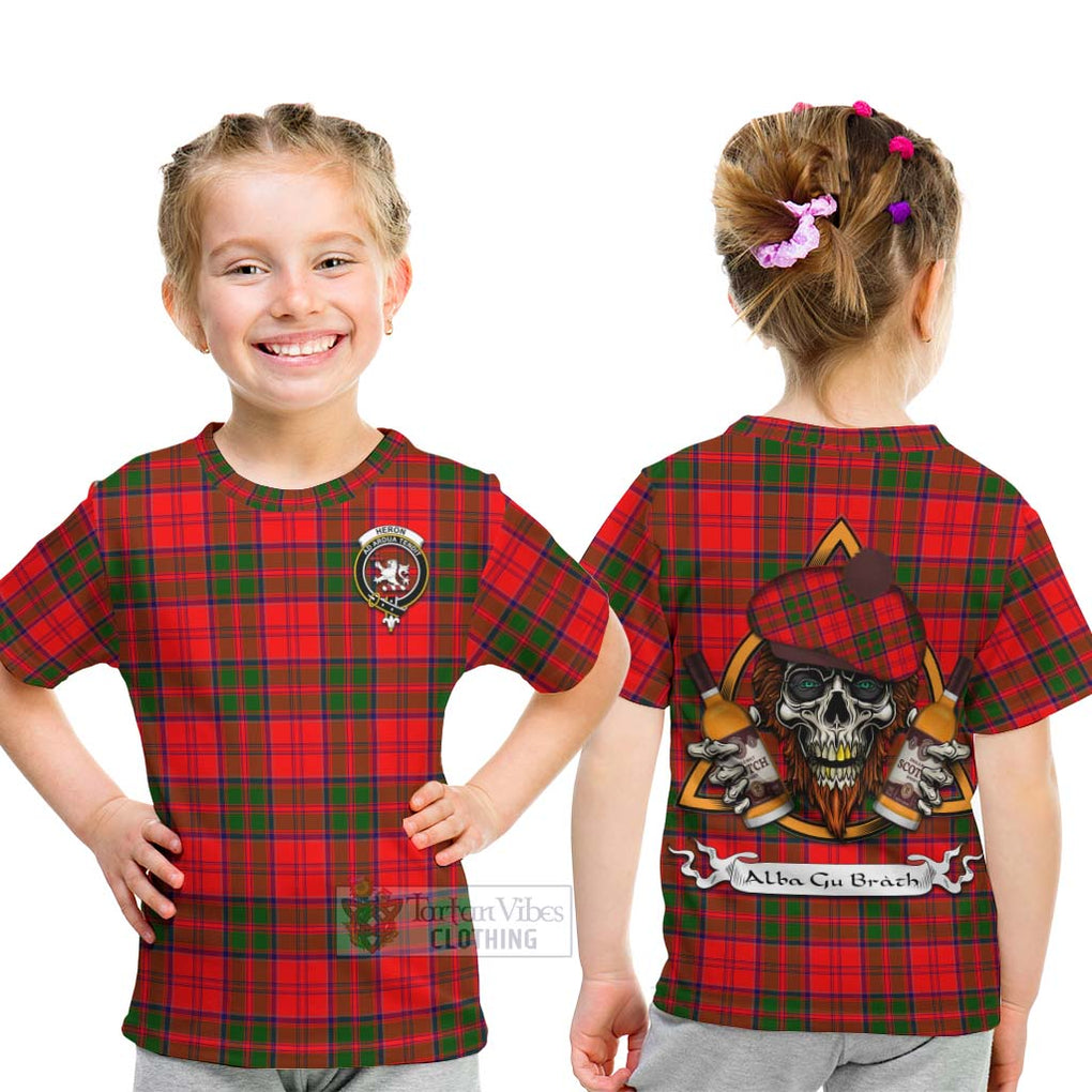 Tartan Vibes Clothing Heron Tartan Kid T-Shirt with Family Crest and Bearded Skull Holding Bottles of Whiskey