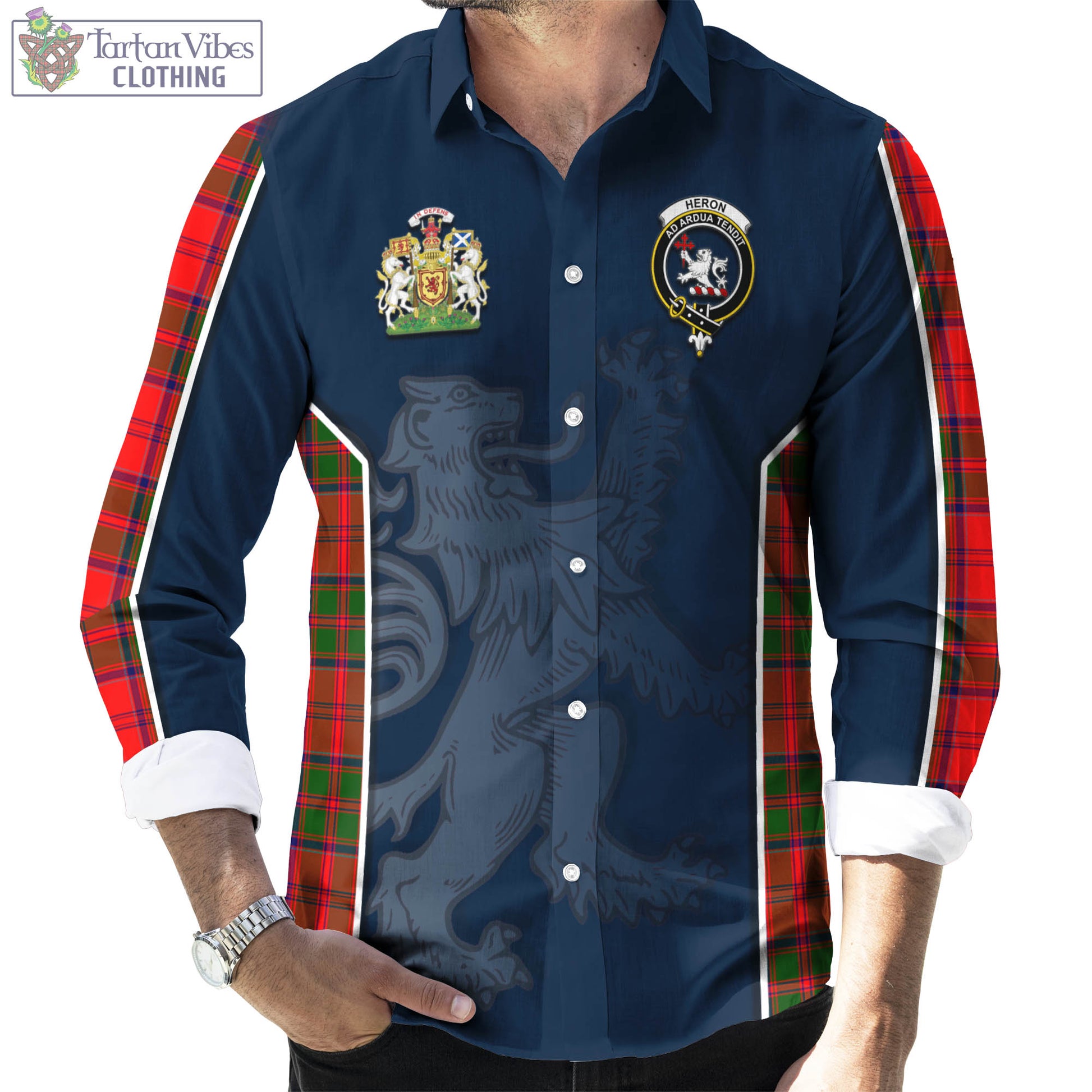 Tartan Vibes Clothing Heron Tartan Long Sleeve Button Up Shirt with Family Crest and Lion Rampant Vibes Sport Style