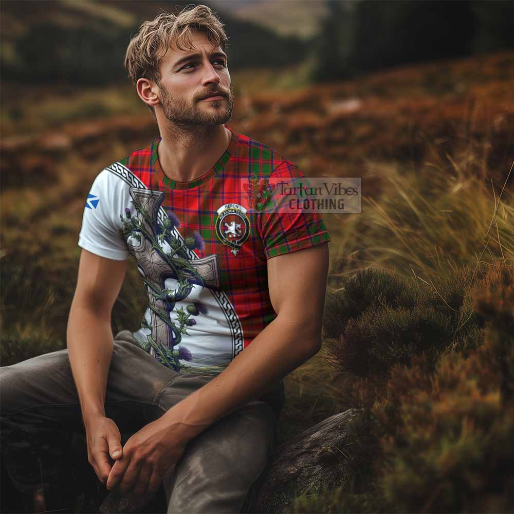 Tartan Vibes Clothing Heron Agnew Tartan T-Shirt with Family Crest and St. Andrew's Cross Accented by Thistle Vines