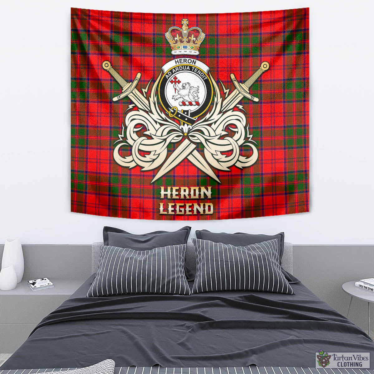 Tartan Vibes Clothing Heron Tartan Tapestry with Clan Crest and the Golden Sword of Courageous Legacy