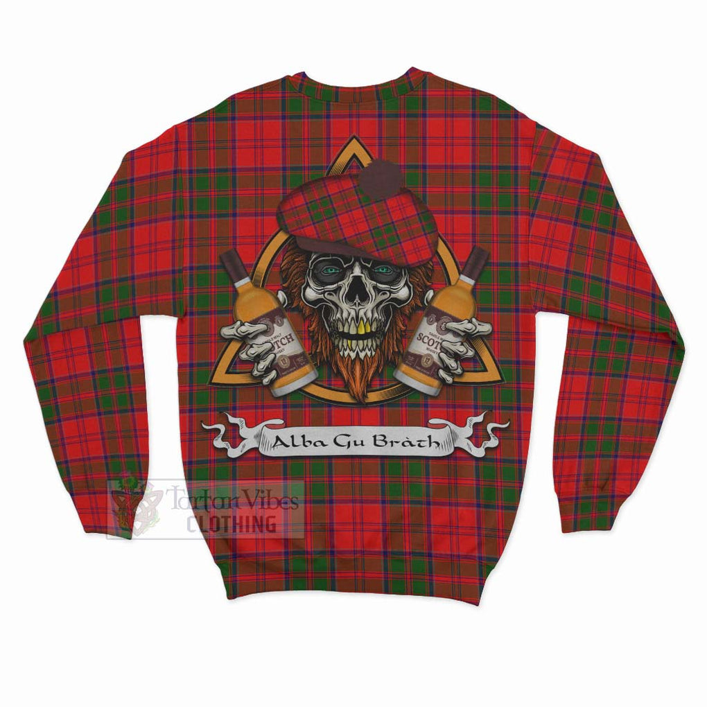 Tartan Vibes Clothing Heron Tartan Sweatshirt with Family Crest and Bearded Skull Holding Bottles of Whiskey