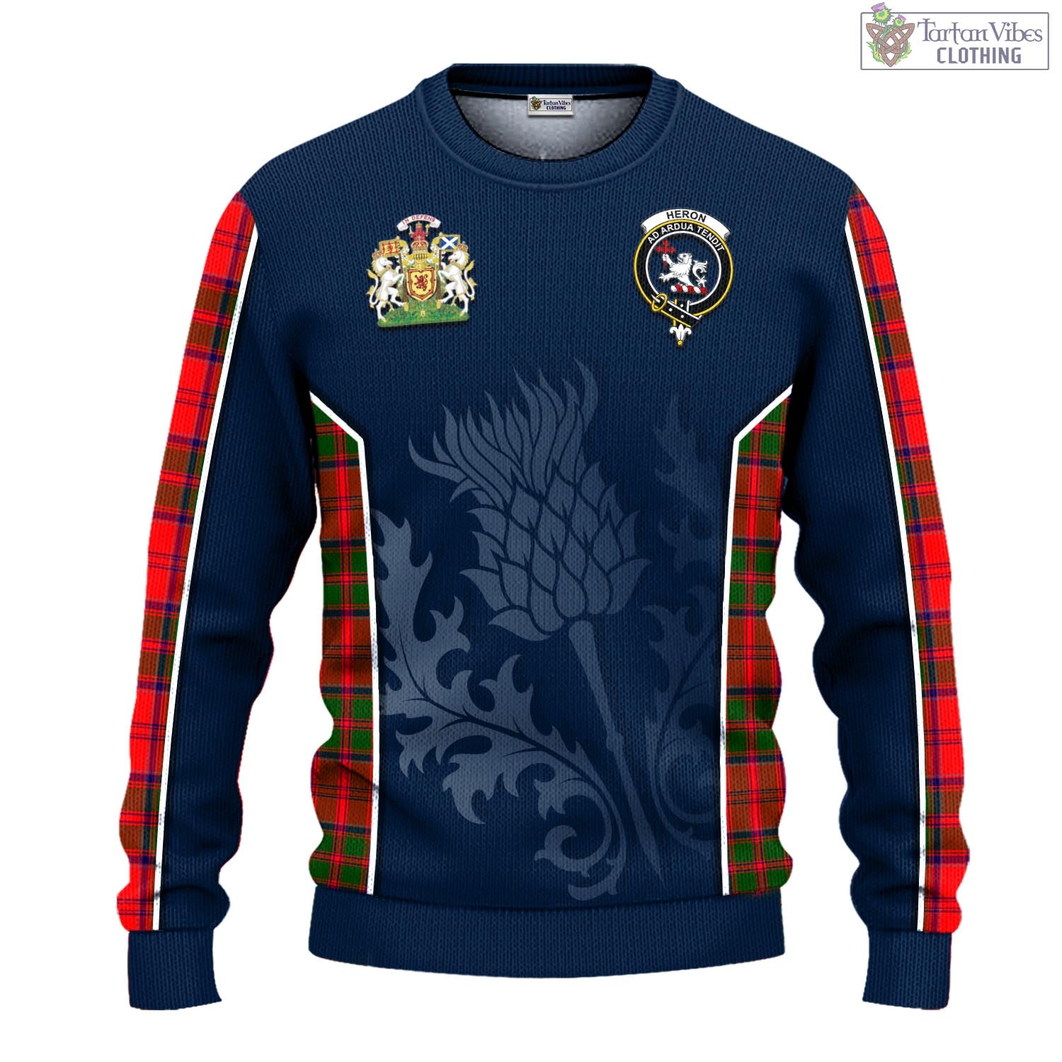 Tartan Vibes Clothing Heron Tartan Knitted Sweatshirt with Family Crest and Scottish Thistle Vibes Sport Style