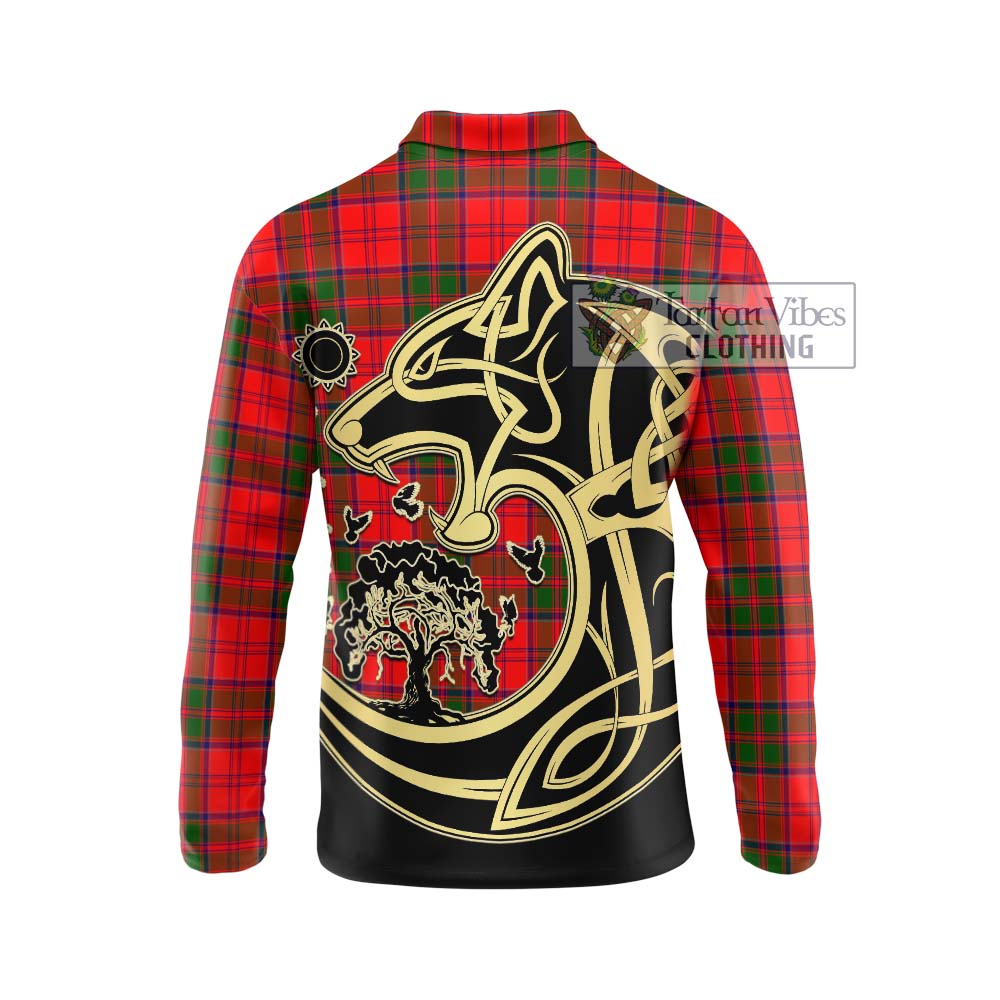 Tartan Vibes Clothing Heron Tartan Long Sleeve Polo Shirt with Family Crest Celtic Wolf Style