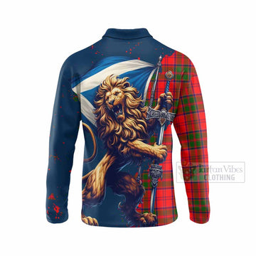 Heron Tartan Family Crest Long Sleeve Polo Shirt with Scottish Majestic Lion