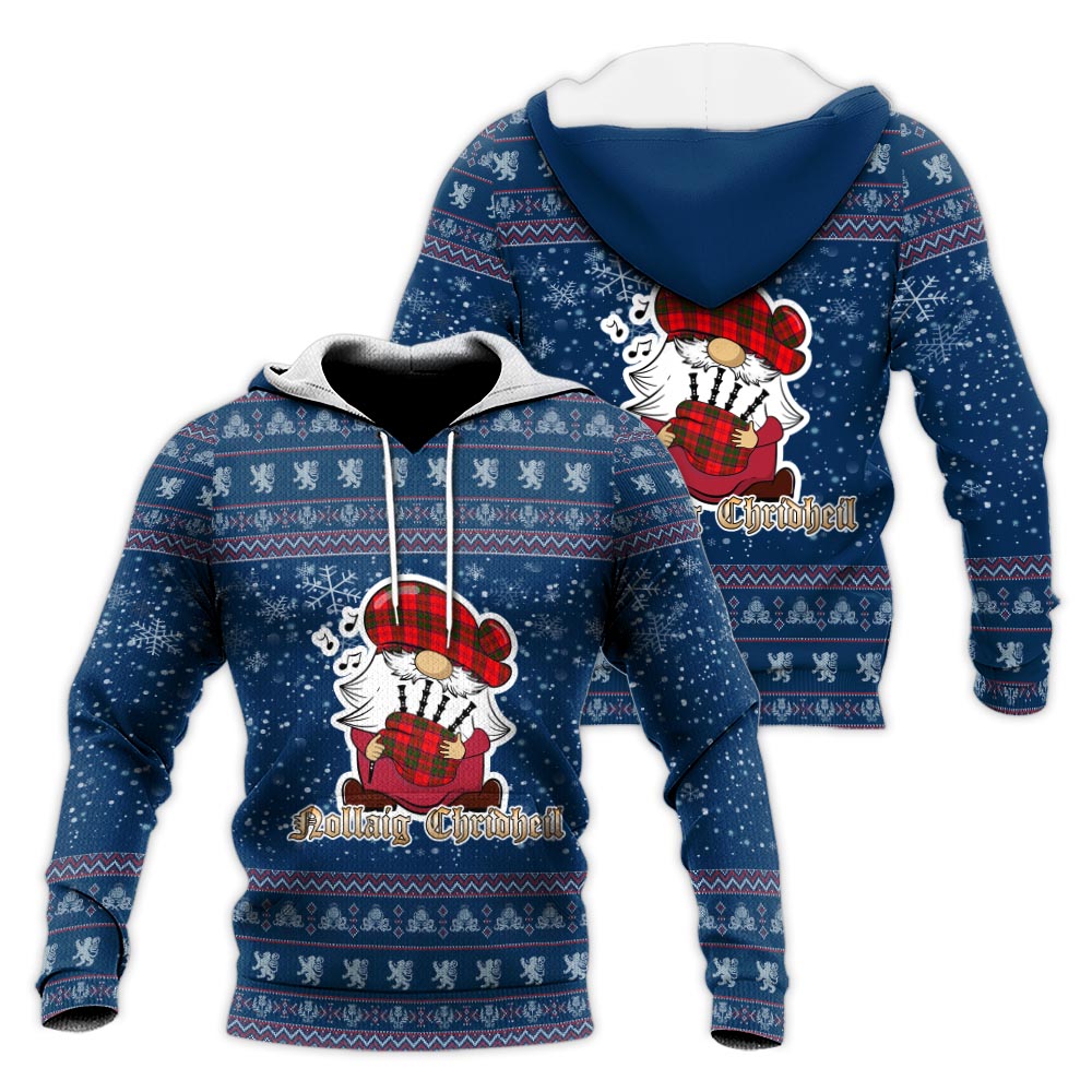 Heron Clan Christmas Knitted Hoodie with Funny Gnome Playing Bagpipes Blue - Tartanvibesclothing